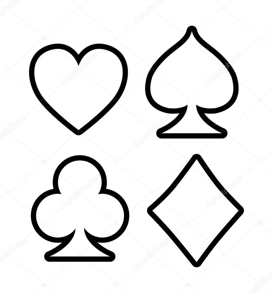 Four playing outline card signs on white background isolated