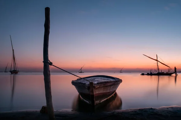 Attached Anchored Sailboat Sunset Burullus Lake Egypt — Stock Photo, Image