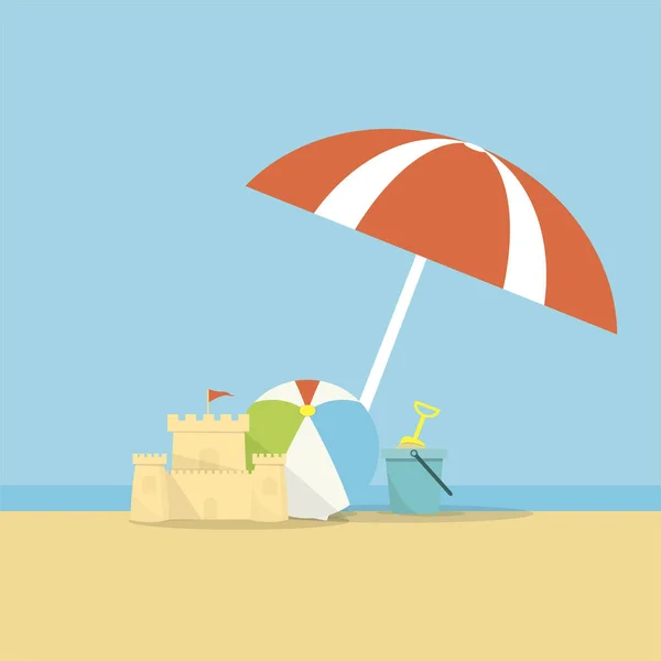 Beach umbrella, ball and a bucket with a shovel on sea background.