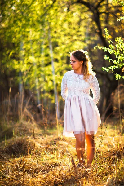 Beautiful Girl Standing Field Sunset Background — Stock Photo, Image