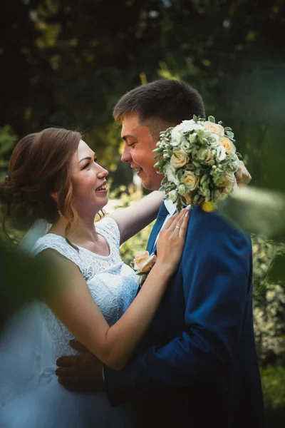 Pareja Novio Novia Abrazos Besos Naturaleza Parque Fondo — Foto de Stock