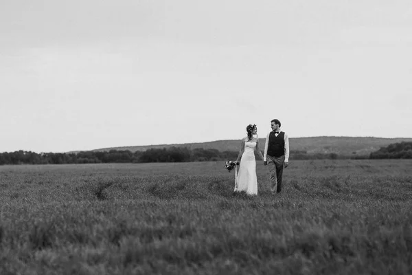 Schwarz Weißes Foto Braut Und Bräutigam Stehen Auf Dem Hintergrund — Stockfoto