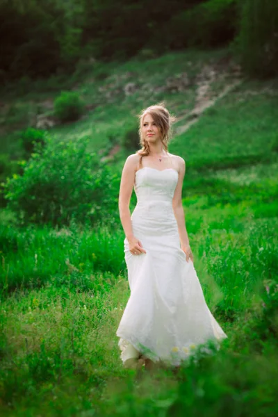 Beautiful Bride Backdrop Mountain Grass — Stock Photo, Image