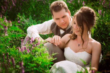 bir dağ ve çim zemin üzerine gelin ve damat portre.