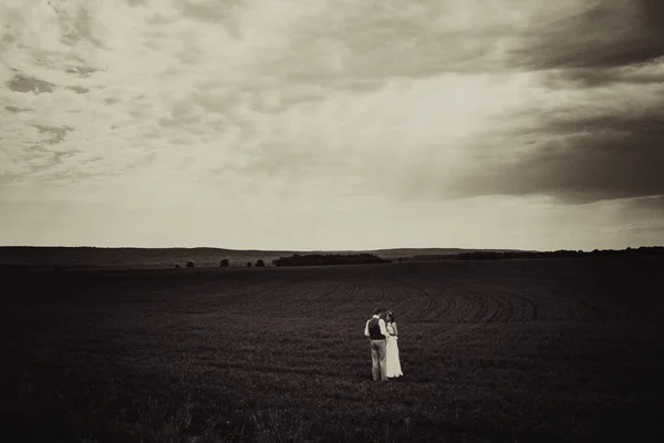 黒の白写真花嫁と花婿フィールドの背景の上に立つ — ストック写真