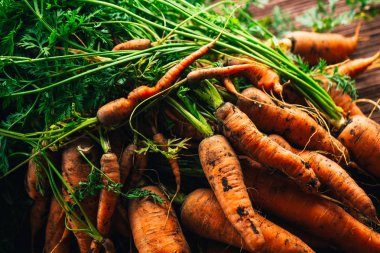 Ahşap arka plan üzerinde Bahçe yakın çekim üzerinden taze havuç.