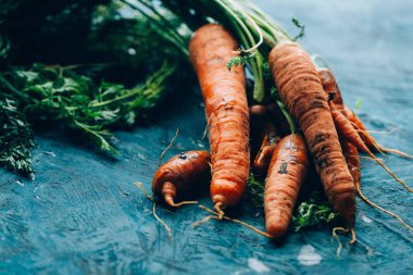Mavi ahşap arka planda taze havuç..