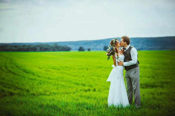 Braut Und Bräutigam Stehen Hintergrund Des Feldes — Stockfoto