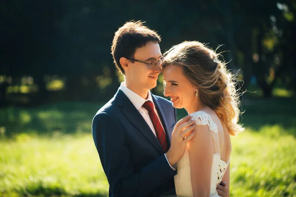 Bride Groom Embracing Nature Background — Stock Photo, Image