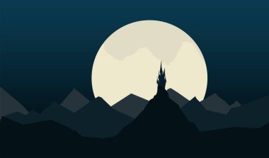 Eski bir kale ve yıldızlı gökyüzünün arka planı Dağları gece manzarası.