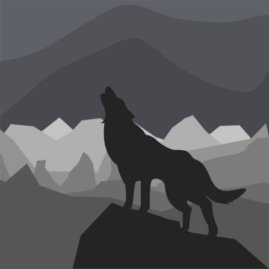 arka planı gri dağlar aya kurt uluyor.