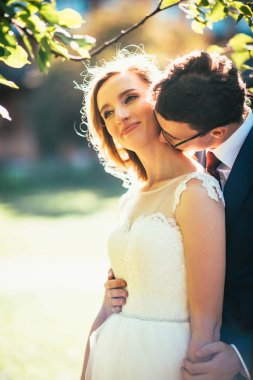 Gelin ve damat arka plan yaz ormanda.