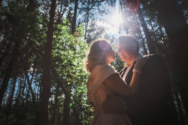 Gelin ve damat, ağaç ve orman güneş zemin üzerine.