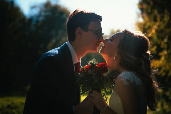 Menyasszony Vőlegény Háttérben Nyári Erdőben — Stock Fotó