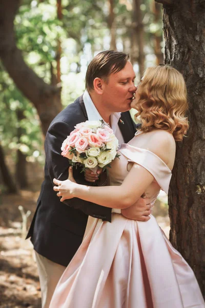Νύφη Και Γαμπρός Φιλί Στο Φόντο Των Δένδρων Και Δασών — Φωτογραφία Αρχείου