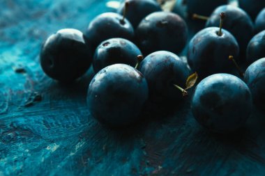 mavi arka plan üzerinde birçok taze erik yakın çekim.