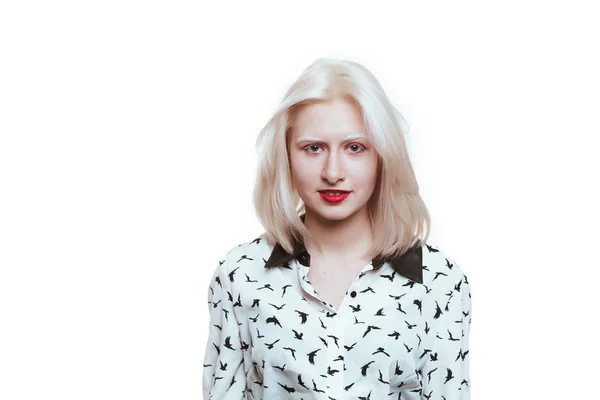 Portrait Blonde Albinos Fille Studio Sur Fond Blanc — Photo