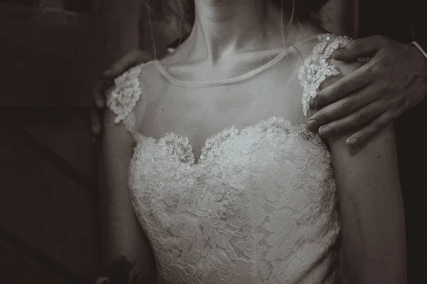 Zwart Wit Foto Portret Jonge Schoonheid Bruid Buurt Van Het — Stockfoto