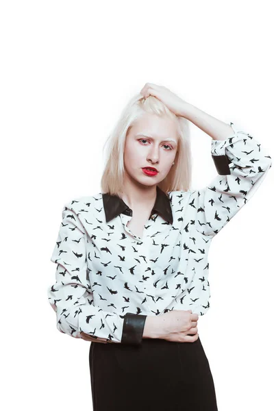 Portrait Blonde Albino Girl Studio White Background — Stock Photo, Image