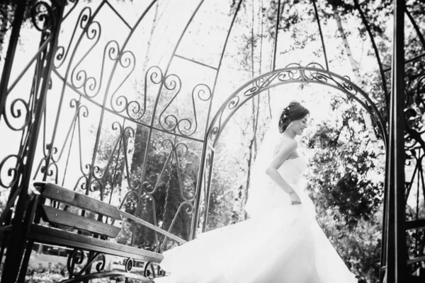 Giovane bella sposa in piedi in un gazebo del parco . — Foto Stock