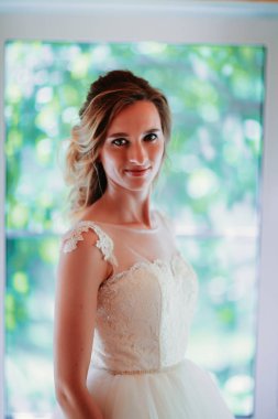 Bulanık renkli arka plan üzerinde güzel genç gelin