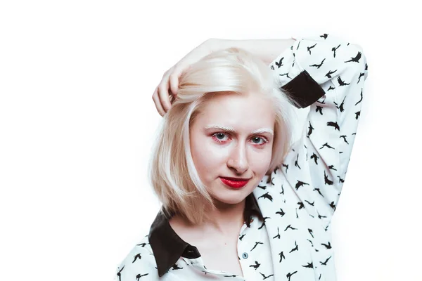 Portrait blonde albino girl in studio on white background — Stock Photo, Image