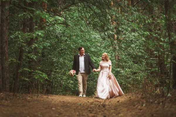 Nevěsta a ženich líbat v lese letní — Stock fotografie