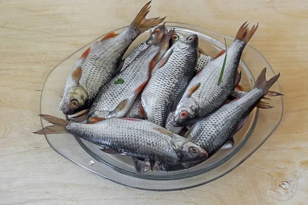 Čerstvé Ryby Ulovené Řece Stůl Skleněné Nádobě Pro Další Přípravu — Stock fotografie
