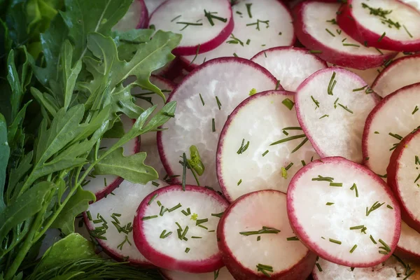 Table Sliced Salad Radishes Herbs Arugula — Stock Photo, Image