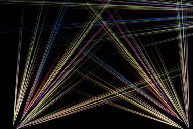 Koyu bir arkaplanda güzel bir desen oluşturan renkli çizgiler ve parçalar var..