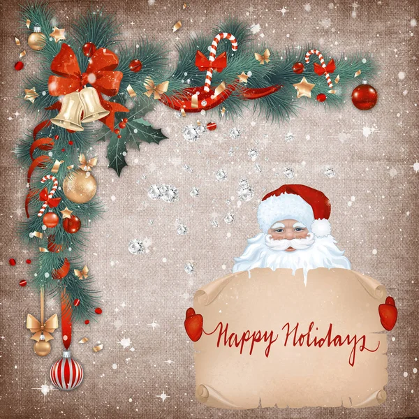 Красивая Рождественская Открытка Винтажном Стиле Изображением Санта Клауса Поздравления Праздником — стоковое фото