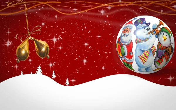 Weihnachtskarte Auf Frostigem Hintergrund Mit Schneeflocken Schöner Ball Mit Dem — Stockfoto