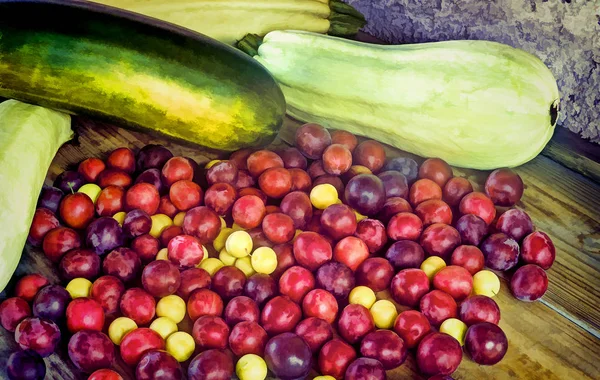 Récolte d'automne : courgettes, prunes jaunes et rouges . — Photo