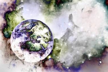 Evren: yıldızlı gökyüzü, parlak bir yıldız, nebula ve parlayan bir atmosferle çevrili bir gezegen..