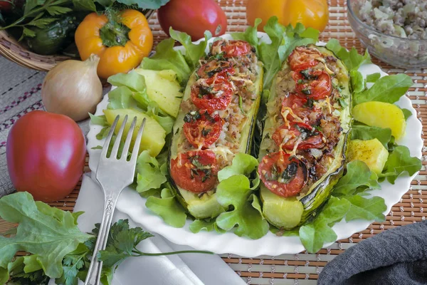 Zucchini Plate Stuffed Minced Meat Vegetables Potatoes Green Salad Next — Stock Photo, Image