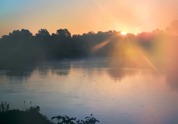 Schöner Ruhiger Fluss Mit Dem Nebel Über Der Wasseroberfläche Morgengrauen — Stockfoto