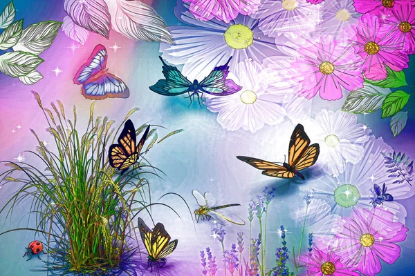Abstrakt Bild Olika Fjärilar Bakgrunden Blommor Och Växter Rendering — Stockfoto