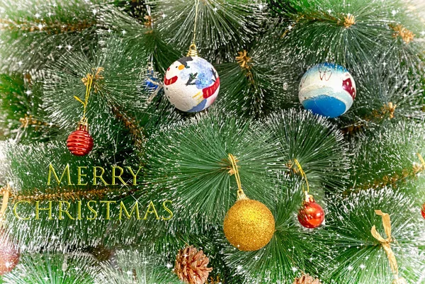 Christmas New Year Greeting Card Picture Decorated Christmas Tree Greeting — Stock Photo, Image
