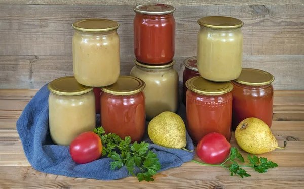 Purée Poire Jus Tomate Sont Conservés Dans Des Bocaux Verre — Photo
