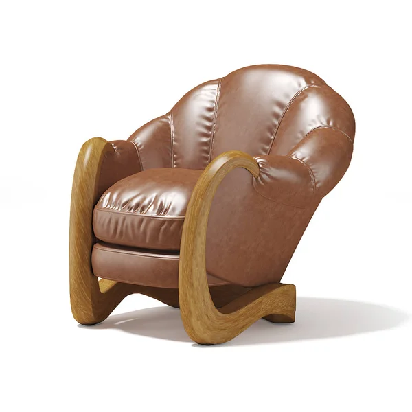 舒适柔软的椅子 覆盖着棕色皮革 在白色背景的木制扶手 — 图库照片