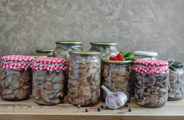 Home Preservation Products Glass Jars Pickled Mushrooms Spices Closed — Stock Photo, Image
