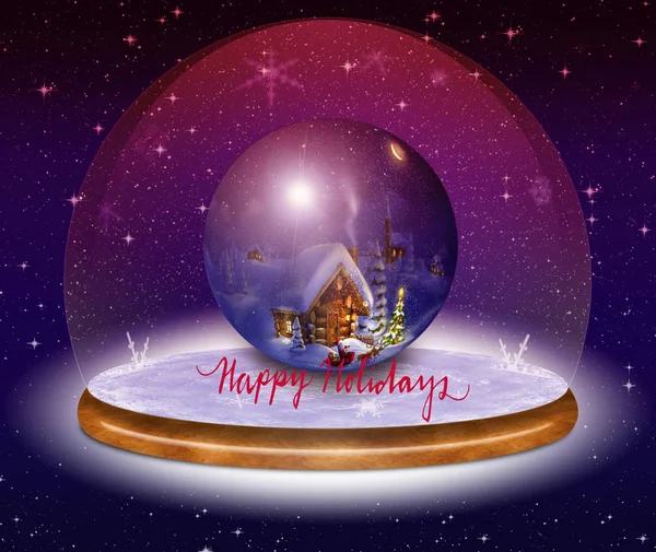 Weihnachtskarte Auf Frostigem Hintergrund Mit Schneeflocken Schöne Kugel Mit Weihnachtssymbolen — Stockfoto