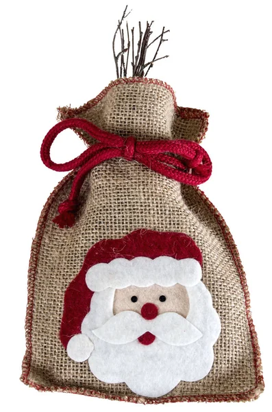 Weihnachtsgeschenk Eine Tasche Mit Dem Bild Des Weihnachtsmannes Auf Weißem — Stockfoto