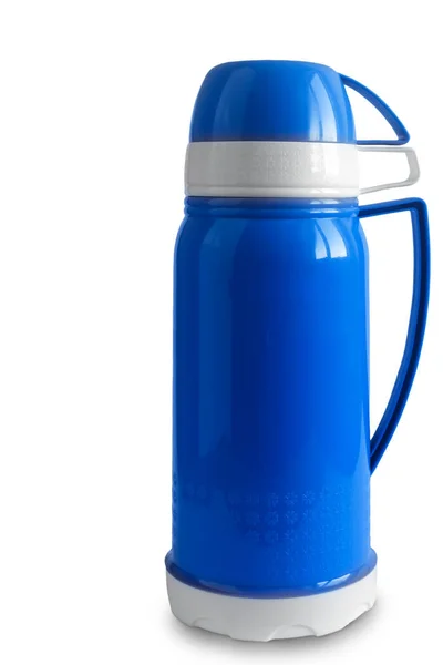 머그잔과 손잡이가있는 파란색 보온병 배경에 — 스톡 사진