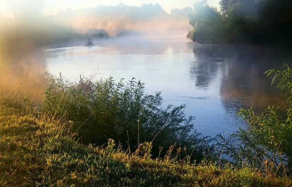 Mattina nebbiosa e un piccolo fiume . — Foto Stock