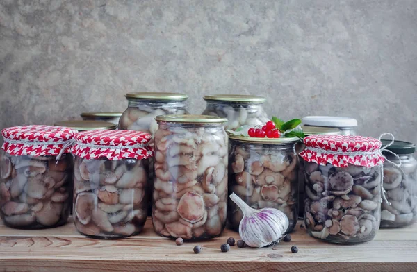 Home Preservation Products Glass Jars Pickled Mushrooms Spices Closed — Stock Photo, Image