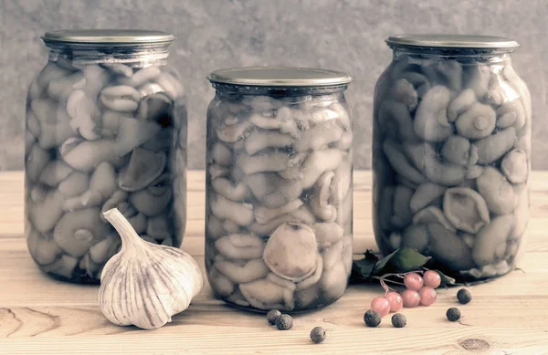 Conserva em casa: cogumelos em conserva em frascos de vidro . — Fotografia de Stock