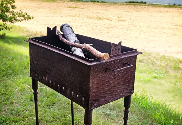 Barbecue e legna da ardere sul prato . — Foto Stock