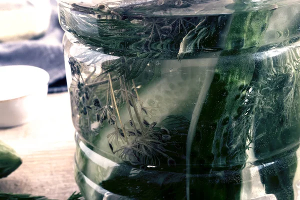 Огурцы в стеклянной банке с огуречной солью — стоковое фото