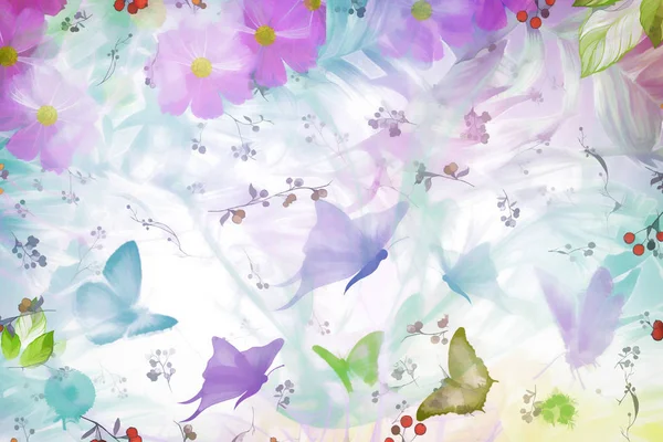 Abstrakt bild: fjärilar, blommor och blad. — Stockfoto